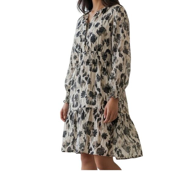 Ott Dresses & Skirts - Ott Cream Black Floral Tiered Long Sleeve Midi Dress Size M Feminine